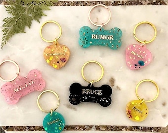Custom Resin Pet ID Tag: Handmade Personalized Glitter Floral Dog Cat Tag