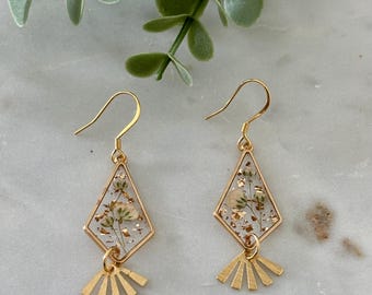 Baby's Breath Resin Earrings: Gold Plated Floral Dangles, Boho Bridal Jewelry