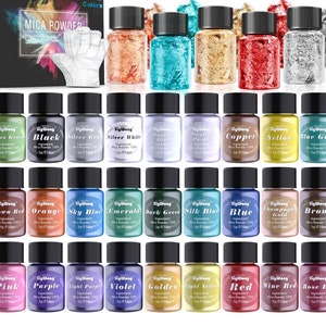 May include: A set of 30 small plastic jars containing various colors of mica powder, each labeled with its specific color name and a weight of 5g or 0.18oz. The collection includes five additional jars filled with metallic foil flakes.