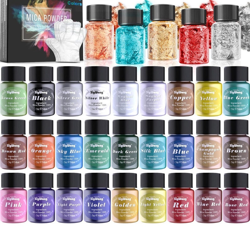 May include: A set of 30 small plastic jars containing various colors of mica powder, each labeled with its specific color name and a weight of 5g or 0.18oz. The collection includes five additional jars filled with metallic foil flakes.