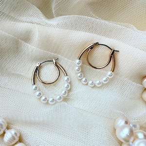 Pearl Hoop Earrings, Beaded Pearl Hoops, Gold Plated Hoop Earrings, Geometric Pearl Hoop Earrings, Minimalist Earrings, Bridal Gift