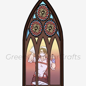May include: A stained glass window with a colorful floral design. A person wearing a face mask and a white shirt is cleaning the window with a cloth and spray bottle.