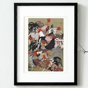 Gallos Edo de Ito Jakuchu: Vibrante lámina de arte japonés de aves en exquisito estilo oriental / Decoración de pared Ukiyo-e tradicional inspirada en la naturaleza