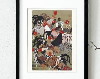 Ito Jakuchu’s Edo Roosters – Vibrant Japanese Bird Art Print in Exquisite Oriental Style | Traditional Nature-Inspired Ukiyo-e Wall Decor
