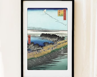 Arte de Utagawa Hiroshige: Lua de Inverno e Gansos - Decoração de Parede Japonesa Ukiyo-e, Pôster Tradicional de Paisagem em Xilogravura, Arte Vintage do Japão
