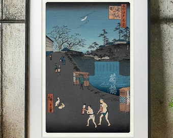Utagawa Hiroshige Print - Sternennacht Tokyo Straßenszene, klassische Ukiyo-e Landschaft Wanddekoration, einzigartiger Kunstdruck für Interior Styling