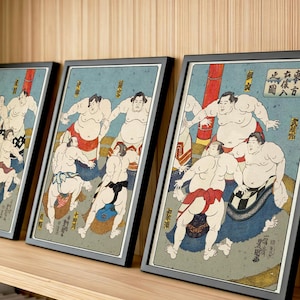 豊国相撲ポスター 3 枚セット - 力士ウォールアート - 浮世絵ジャパンスポーツプリント -歌川豊国「力士の土俵入り」