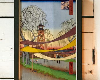 Hiroshige Ukiyo-e Print – Early Spring Street Scene in Edo, Hanging Textiles at a Quiet Japanese Market, Japandi Wall Art.