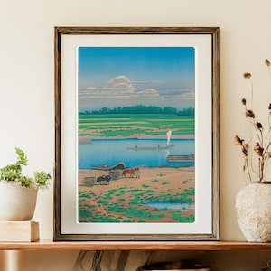 Póster japonés inspirado en la xilografía de Kawase Hasui, escena serena junto al agua, póster vintage de estilo japandi, arte mural japonés relajante.