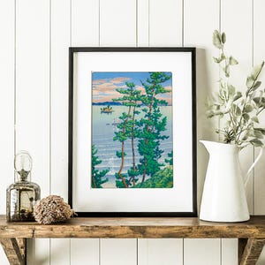 Seaside View from the Hillside by Kawase Hasui – Vintage Japanese Landscape with Pine Trees and Ocean. Vintage Kawase Hasui Art Print.