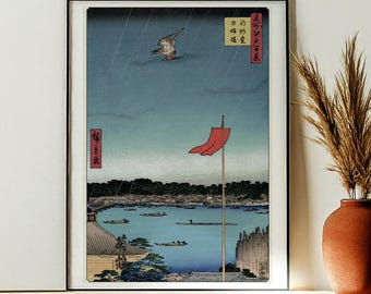 Japanese Art Print by Hiroshige – Edo Tokyo Asakusa River Scene, Azuma Bridge | Vintage Ukiyo-e Poster, Tokyo Wall Art, Asian Decor.