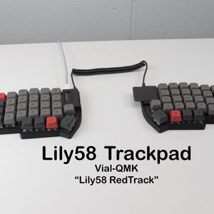 May include: A split keyboard labeled "Lily58 Trackpad" with gray and red keycaps. The keyboard is black and connected by a coiled cable. The text "Vial-QMK" and "Lily58 RedTrack" are also visible.