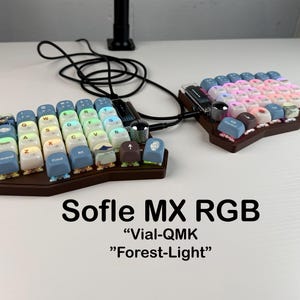 May include: A split ergonomic mechanical keyboard with brown cases and custom keycaps in shades of blue, white, and pink. The keyboard features RGB backlighting, a rotary encoder knob on each half, and black cables. Text reads: Sofle MX RGB Vial-QMK Forest-Light.