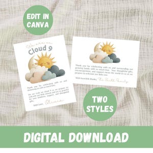May include: Two baby shower invitation designs with a sun, moon, and cloud theme. The text includes "We are on Cloud 9" and "Thank you for celebrating with us." The design is a digital download, with options to edit in Canva.