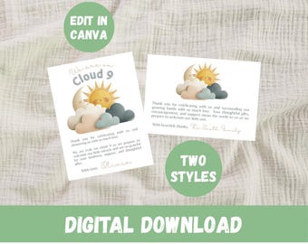 Cloud 9 Thank You BabyShower Canva Templates, Gender Neutral Celestial Baby Shower, Cloud 9 Baby Shower Thank You Notes, Celestial Thank You