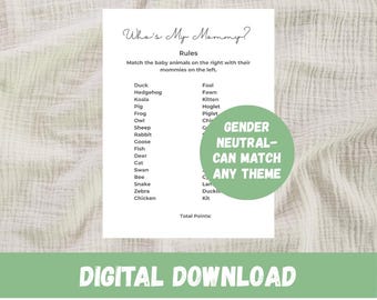 Who's My Mommy Baby Shower Game, Animal Matching Activity (Digital Download)