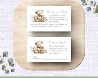 Teddy Bear Baby Shower Inserts Printable, Watercolor Books for Baby Digital Print, Diaper Raffle Ticket, JPG & PDF Digital Downloads