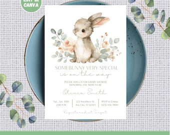 Somebunny Special Invitation, Some Bunny is On the Way Bunny Baby Shower Invitation, Watercolor Bunny Gender Neutral, Edit in Canva