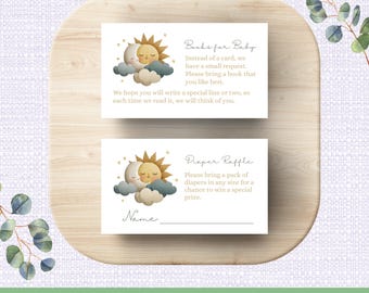 Sun Moon & Clouds Baby Shower Insert Digital Downloads, Celestial Books for Baby Digital Print, Diaper Raffle Card, JPG PDF Printables