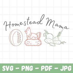 サワードウブレッド、鶏卵、自家栽培野菜が入ったHomestead Mama SVGデジタルダウンロード、シャツ、マグカップ、室内装飾、ギフト用のHomestead PNG 画像 1