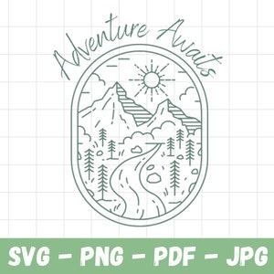 May include: A line art illustration of a mountain landscape with a river flowing through it. The sun is shining and there are clouds in the sky. The text "Adventure Awaits" is written around the image.