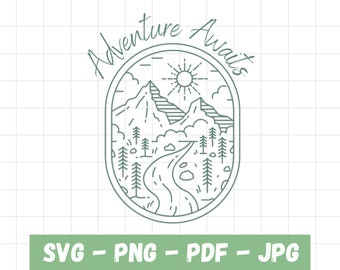 冒険が待つSVGデジタルダウンロード、山のSVG、冒険PNG（シャツ、ベビー服、プリント、ウォールアート、マグカップ、トートバッグ、タンブラーなど）