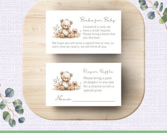 Watercolor Teddy Bear Baby Shower Inserts Printable, Books for Baby Digital, Diaper Raffle Tickets Printable, JPG & PDF Digital Downloads