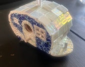 Handmade white and blue mosaic camper/mobile home themed birdhouse.