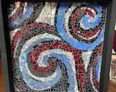 Handmade red white and blue abstract mosaic art tray with black finishes, perfect for wine nights or unique charcuterie boards!