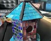 Handmade indoor mosaic birdhouse with blue, brown, and green accents, easy cleanout, sturdy design, a great gift for bird lovers