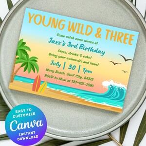 Invitación editable para tercer cumpleaños, invitación para fiesta de cumpleaños de niños, niñas, jóvenes y salvajes, tema de surf, descarga digital instantánea personalizable de Canva
