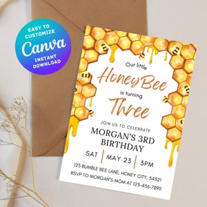 Invitación editable para el tercer cumpleaños, Honey Bee cumple tres años, invitación para el tercer cumpleaños de niños y niñas, plantilla personalizable de Canva, DESCARGA DIGITAL instantánea