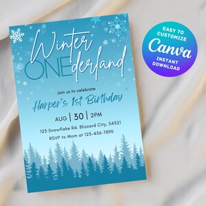 Faire-part 1er anniversaire modifiable, invitation anniversaire bébé fille garçon, thème hiver ONEderland flocon de neige, TÉLÉCHARGEMENT NUMÉRIQUE instantané toile personnalisable