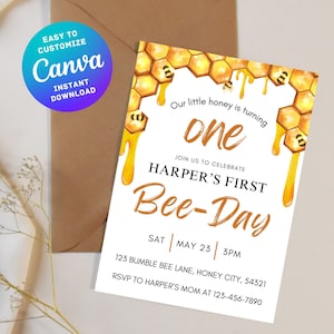 1ère invitation modifiable le jour des abeilles, invitation à une première fête d'anniversaire neutre garçon fille, thème abeille, TÉLÉCHARGEMENT NUMÉRIQUE instantané sur toile personnalisable