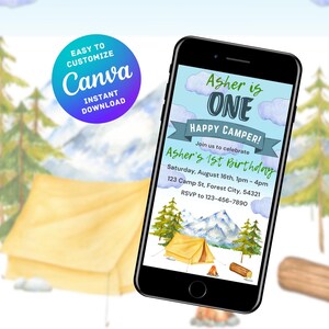 Invitación editable para el primer cumpleaños, tema de Happy Camper, invitación móvil para cumpleaños de niño y niña, descarga digital instantánea personalizable de Canva