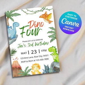 Faire-part modifiable pour le 4e anniversaire, thème de la jungle des dinosaures T-Rex, invitation anniversaire garçons filles dinosaure-quatre, toile personnalisable instantané téléchargement numérique