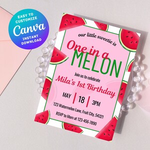 Invitación editable para el primer cumpleaños, invitación para la fiesta del primer cumpleaños de una niña en un melón, tema de sandía, descarga digital instantánea personalizable de Canva