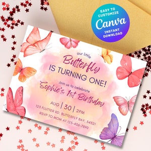 Invitación editable para el primer cumpleaños, Little Butterfly cumple un año, invitación de cumpleaños para niñas de cualquier edad, plantilla personalizable de Canva, descarga digital instantánea