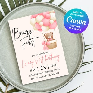 Invitación editable para el primer cumpleaños, invitación para la primera fiesta de cumpleaños de una niña, tema de osito de peluche, descarga digital instantánea personalizable de Canva