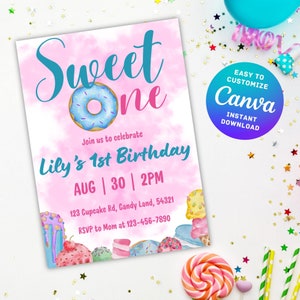 Bearbeitbare 1. Geburtstagseinladung, Baby-Mädchen Sweet One B-Tag einladen, Donut-Dessert-Thema Pastell, anpassbare Canva Instant DIGITAL DOWNLOAD