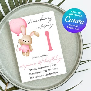 Invitación de cumpleaños editable para cualquier edad, tema Some Bunny is ONE, invitación para fiesta de primer cumpleaños de niña, descarga digital instantánea personalizable de Canva