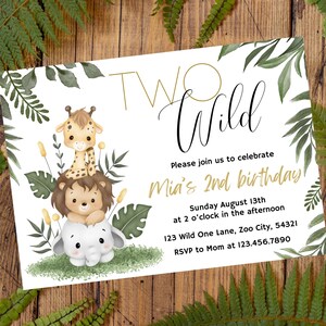 Invitación editable para el segundo cumpleaños, invitación de cumpleaños neutra para niños y niñas, tema de safari en la jungla, descarga digital instantánea personalizable de Canva