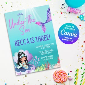 Invitación editable para el tercer cumpleaños, tema de sirena para niñas, invitación para el tercer cumpleaños bajo el mar, descarga digital instantánea personalizable de Canva