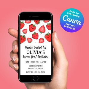 Faire-part 1er anniversaire modifiable, invitation mobile pour le premier anniversaire de la naissance de petits fruits, fraise sur le thème, TÉLÉCHARGEMENT NUMÉRIQUE personnalisable sur toile