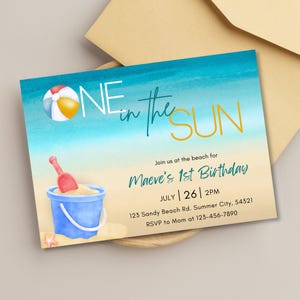 Invitación editable para el primer cumpleaños, invitación de cumpleaños con el tema Uno al sol para niñas y niños, fiesta en la playa soleada, descarga digital instantánea personalizable de Canva
