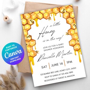 Invito modificabile per baby shower, tema ape, invito per festa stampabile, modello Canva personalizzabile, DOWNLOAD DIGITALE immediato
