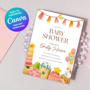 Faire-part de baby shower modifiable, invitation imprimable rose pour filles, jolie fête, modèle de toile facilement personnalisable, téléchargement numérique instantané