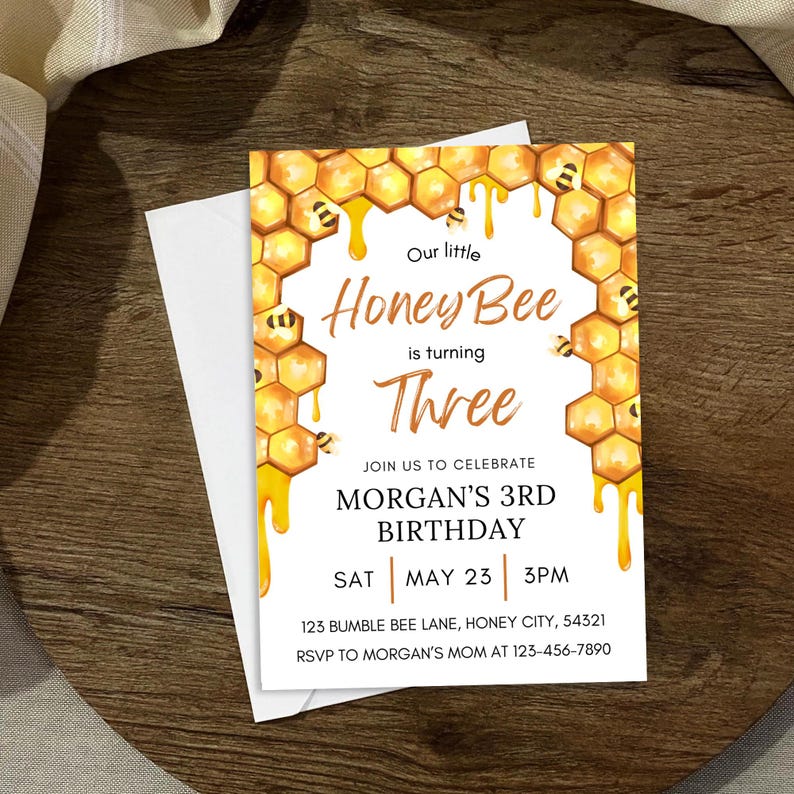 Honey Bee Third Birthday Invitation: Editable Canva Template (digital ...