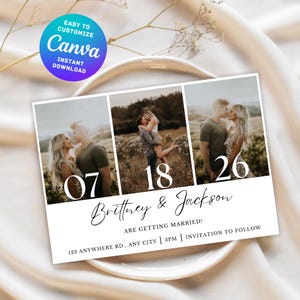 Bewerkbare Save the Date-huwelijksuitnodiging, afdrukbare verlovingsuitnodiging met foto's, aanpasbare Canva-sjabloon, Instant DIGITALE DOWNLOAD