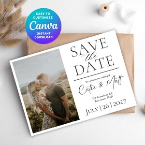 Bewerkbare Save the Date-huwelijksuitnodiging, afdrukbare verlovingsuitnodiging met foto's, aanpasbare Canva-sjabloon, Instant DIGITALE DOWNLOAD